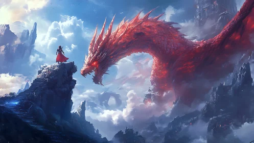 Dragon and lone hero share a daring meeting above the clouds