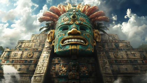 Colossal mesoamerican mask structure dominates stepped pyramid