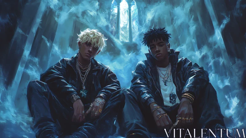 Two urban youths sit in luminous cathedral ruin