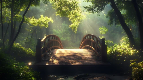 Sunlit wooden bridge framed by lush misty forest canopy.