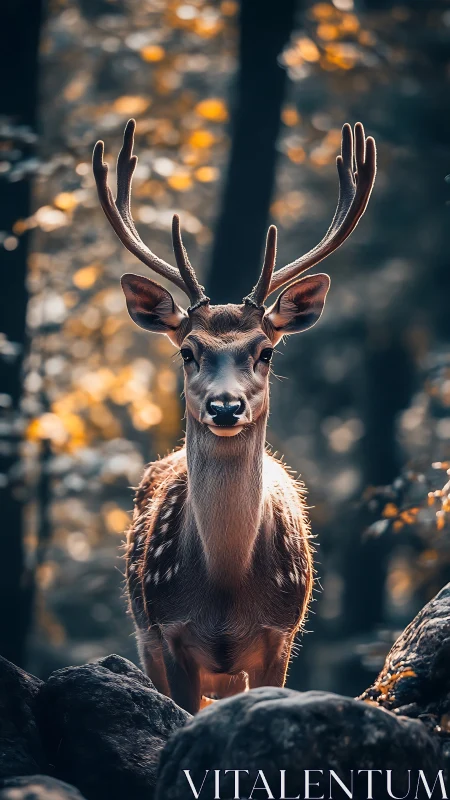 Stately stag stands in glowing autumn forest light.