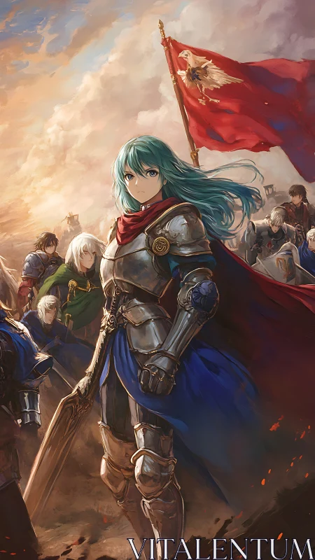 Armored heroine leads fantasy army beneath red war banner.