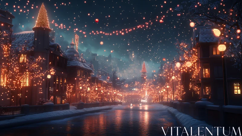 Snow-laden canal under dense festive illuminations at night