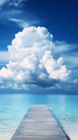 Wooden pier reaches toward towering tropical cumulus sky