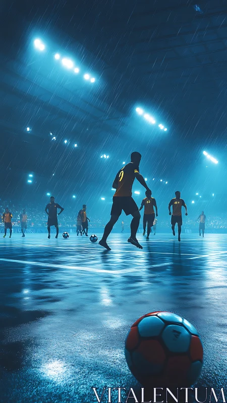 Night rain match under stadium lights, where dreams spark.