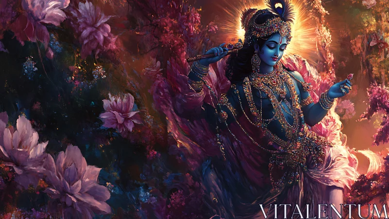 Divine blue figure plays a flute amid glowing cosmic blooms