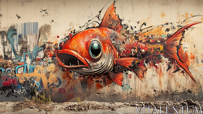 Surreal graffiti fish explodes across weathered city wall.