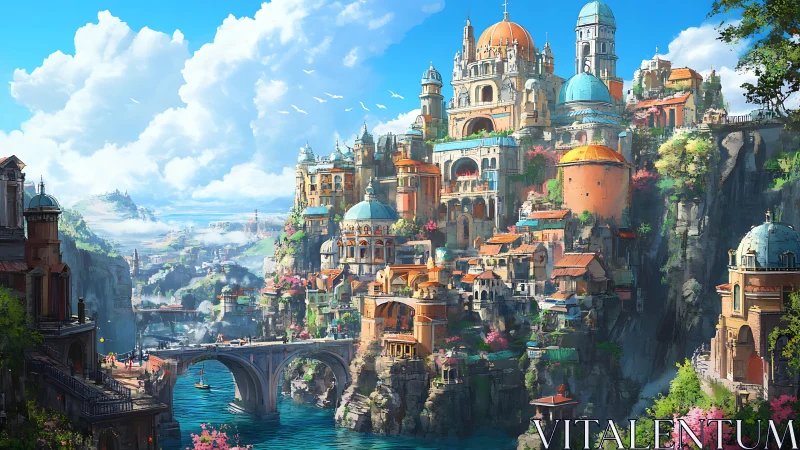 Sunlit cliffside fantasy city above a bright blue bay.