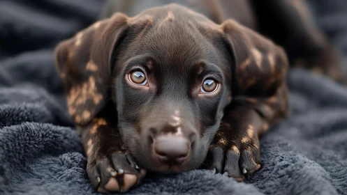 Brown puppy lying on dark blanket with direct gaze.
