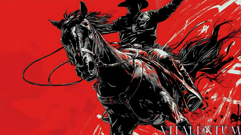 Galloping cowboy silhouette against fierce red stormscape.