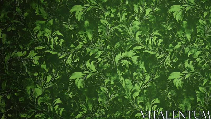 Emerald baroque foliage swirling across aged grunge green.