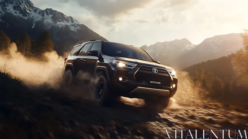 Off-road SUV powers through dusty alpine trail at sunset