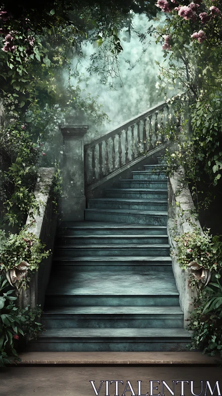 Secret moss-lit staircase into the whispered garden sky.