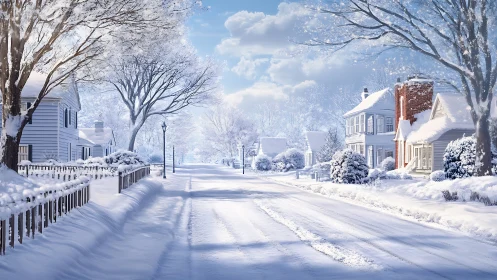 Snow covered residential street with houses and bare trees.