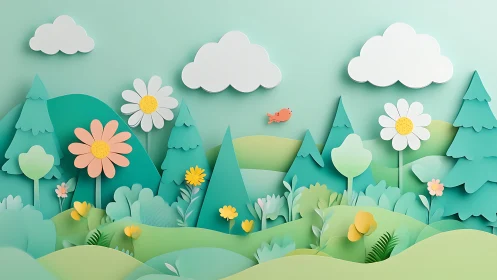 Whimsical layered meadow with paper-cut flowers and hills.