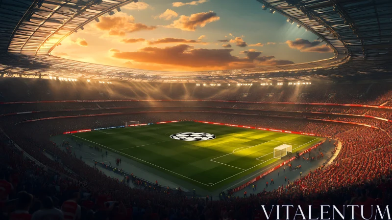 Floodlit football stadium packed for sunset match night.