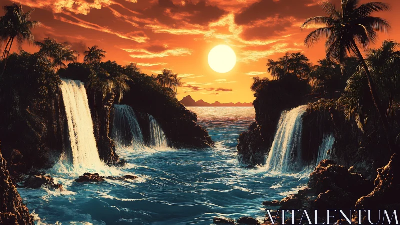 Digital seascape depicts dual coastal waterfalls at sunset