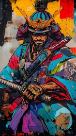 Color-splashed urban samurai poised between grit and honor.