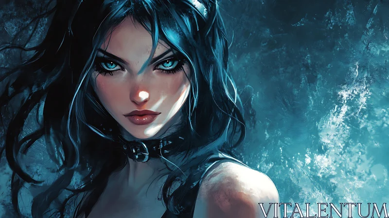 Storm-lit femme fatale with piercing cyan eyes portrait.
