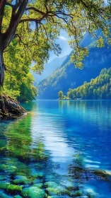 High-saturation alpine lake with refractive shallows and dense foliage