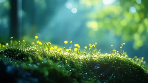 Backlit moss sporophytes glow in shallow depth of field forest