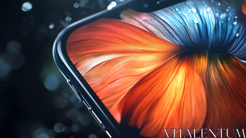 Curved smartphone display with vivid macro floral swirl.