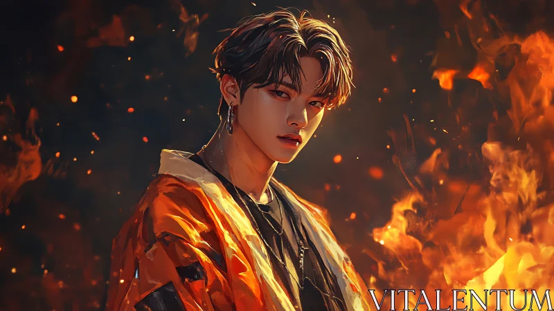 Digital portrait shows young figure framed by rising flames