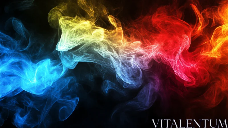 Color spectrum smoke forms fluid band on dark background