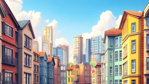 Colorful low-rise street with modern high-rise skyline backdrop.