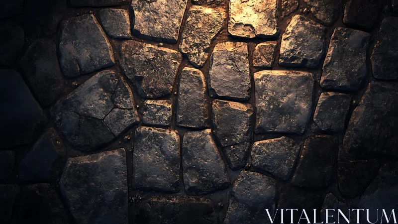Weathered stone pavement, rustic texture with warm lighting.