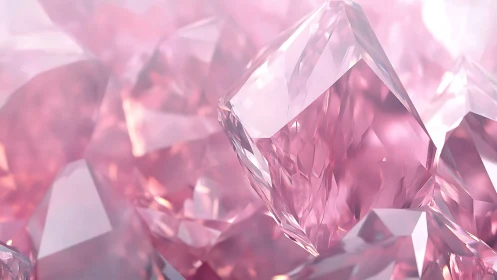 Cluster of faceted pink crystals in soft reflective light.