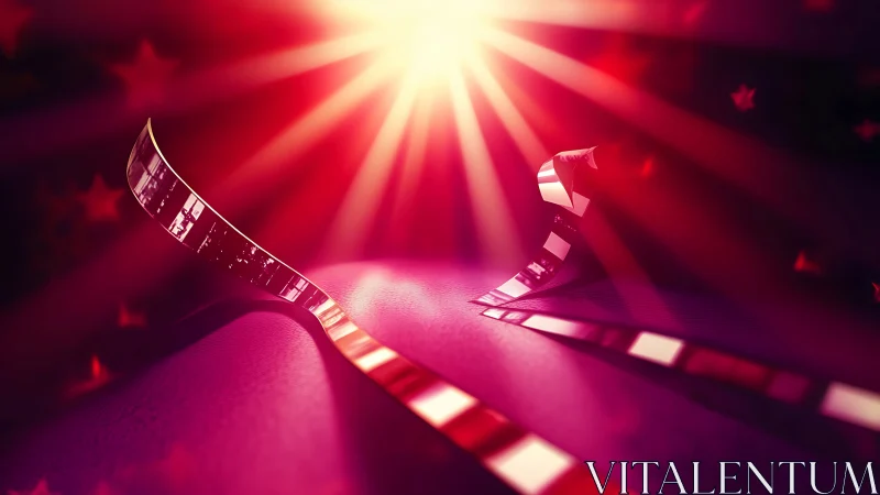 Curved cinema filmstrip under radiant red spotlight glow.