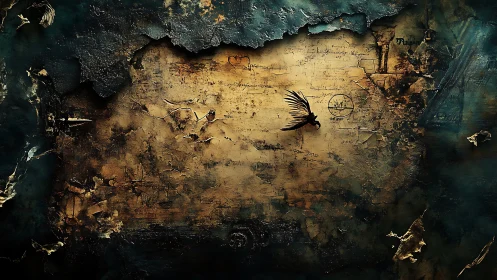 Aged cartographic parchment erodes under charred metallic border