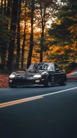 Black sports car on forest road amid rich autumn foliage.