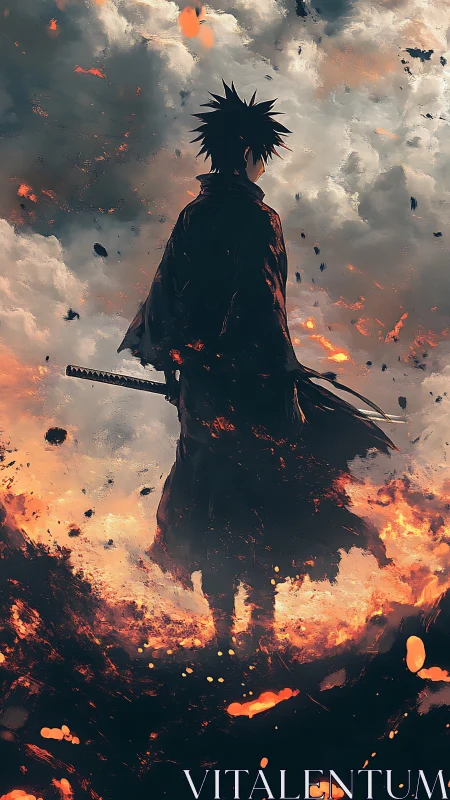 Silhouetted swordsman amid rising embers and dense clouds.