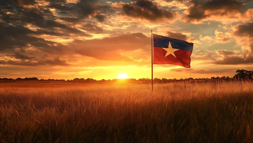 Sunstruck lone star flag blazing over golden prairie dusk.