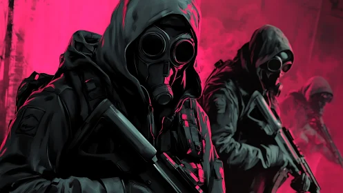 Hooded tactical squad emerging from neon pink shadows.
