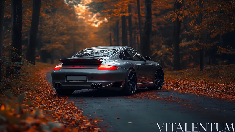 Silver sports car parked on forest road in autumn light.