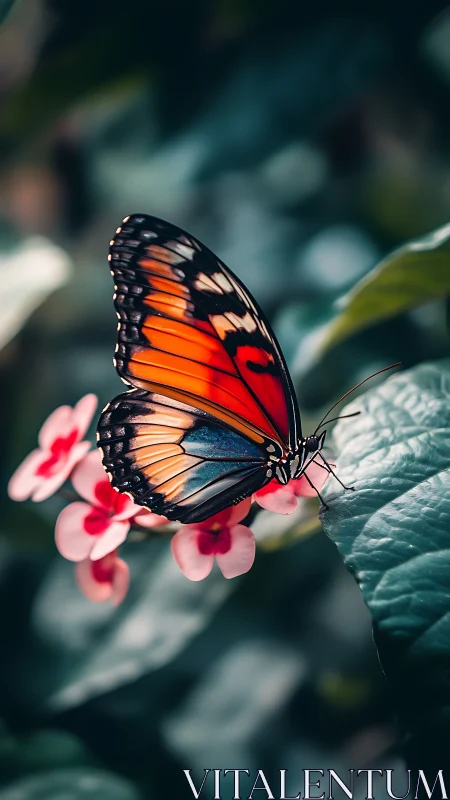 Macro telephoto study of multicolored butterfly on pink blooms