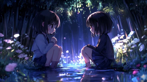 Moonlit forest stream with two reflective anime children.
