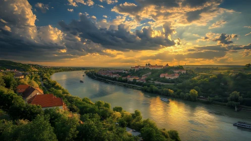 Cinematic sunset river landscape with fortified hill town panorama.