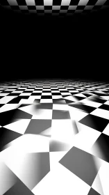 Warped checkerboard corridor in stark monochrome perspective.