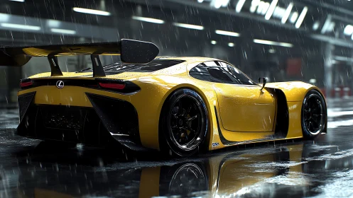 Rain-soaked Lexus track prototype under cinematic pit lighting.