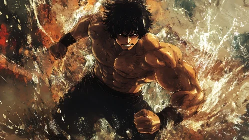 Muscular anime warrior erupts from splashing water in rage