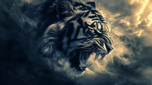 Roaring tiger head emerging from swirling storm clouds.