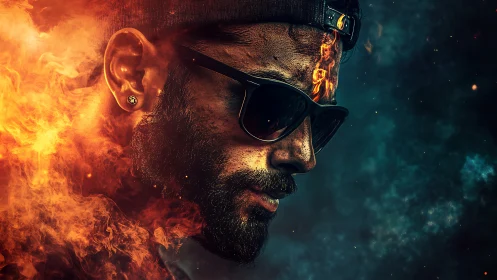 Man in sunglasses rendered with fiery and smoky visual effects