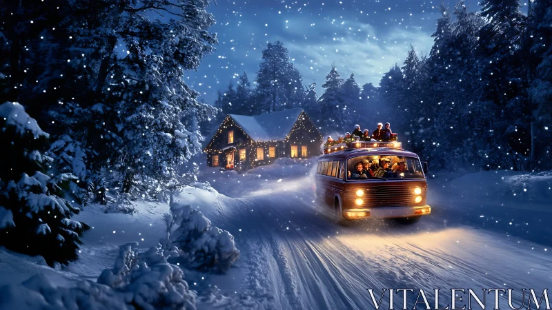 Snowy forest cabin and festive bus glow under winter night.