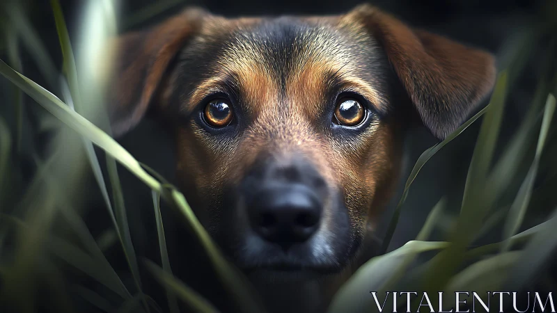 Shallow‑depth canine portrait isolates warm eyes through soft bokeh