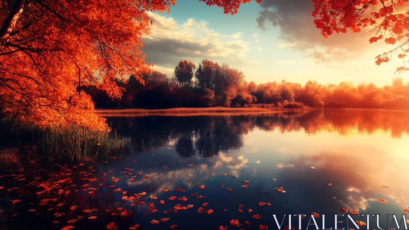 Autumn foliage borders a reflective lake under low warm light