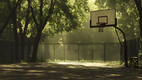 Quiet outdoor basketball court under soft morning light.